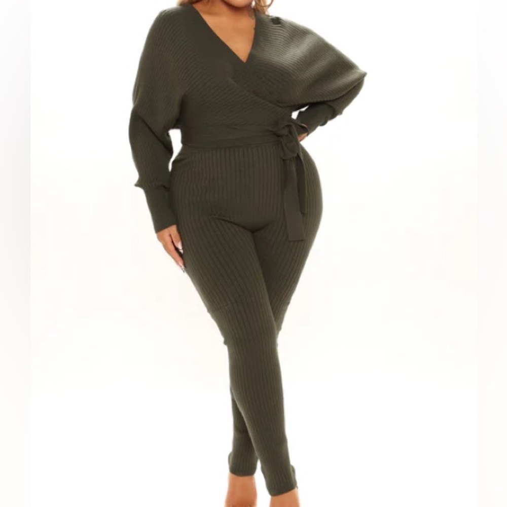 Olive Ribbed Knit Sweater Set